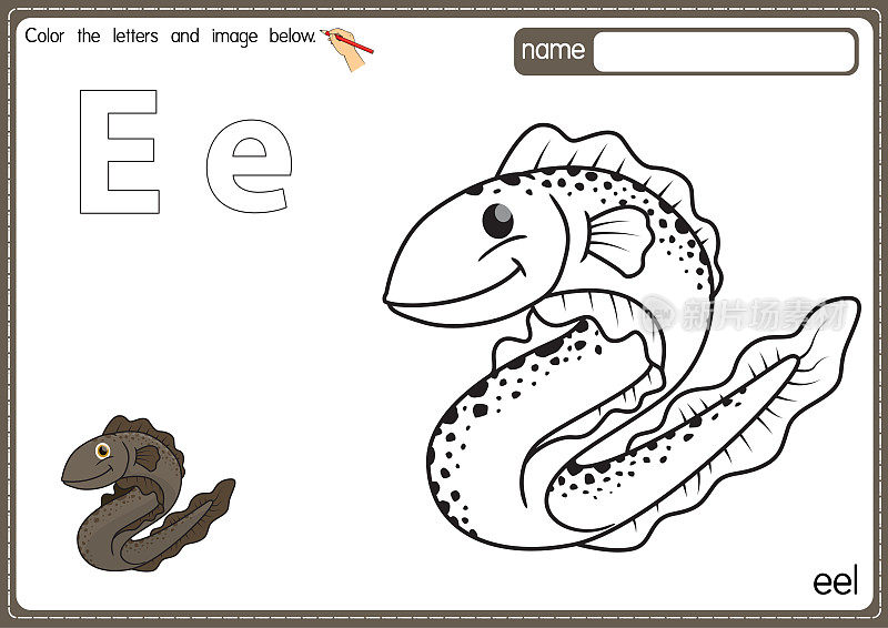 矢量插图的孩子字母着色书页与概述剪贴艺术颜色。字母E代表鳗鱼。