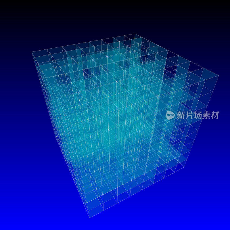 在深蓝色背景下的半透明玻璃墙的3D渲染。与视角。