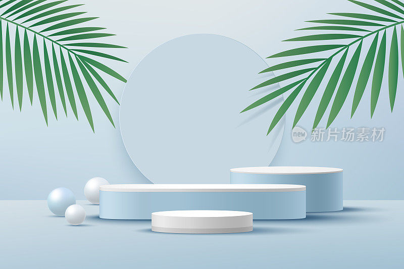 抽象的白色圆柱基座基座，浅蓝色的空房间与绿色的棕榈叶，蓝色和白色的球体。矢量渲染三维形状，产品显示展示。粉彩房间最小的墙壁场景。