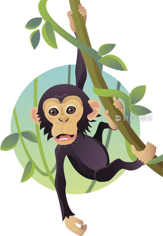 滑稽的卡通猴子挂在树上