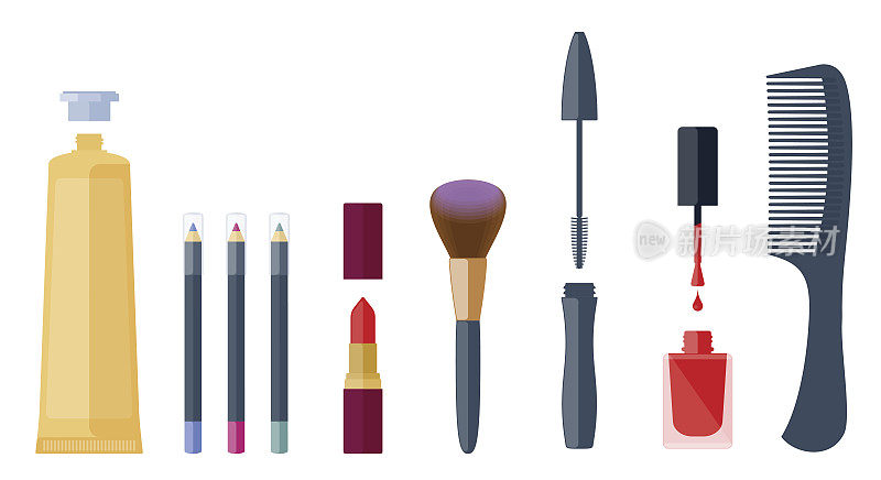 化妆品配件套装:眼线笔，口红，眼影，睫毛膏，指甲油，梳子。