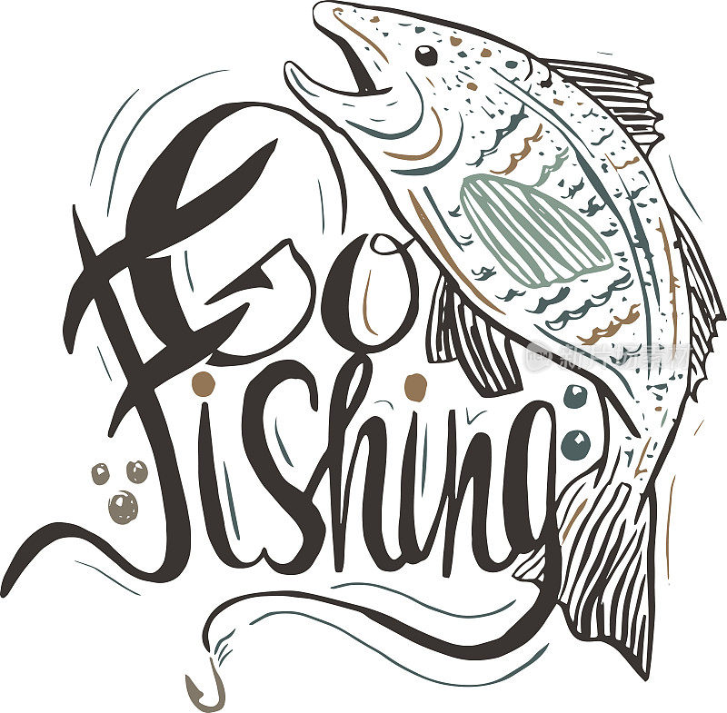 手绘经典语录:“去钓鱼”。Hand-lettering模板。