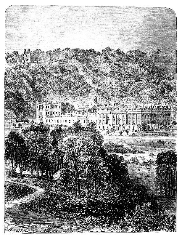 英国德比郡19世纪的查兹福德庄园版画