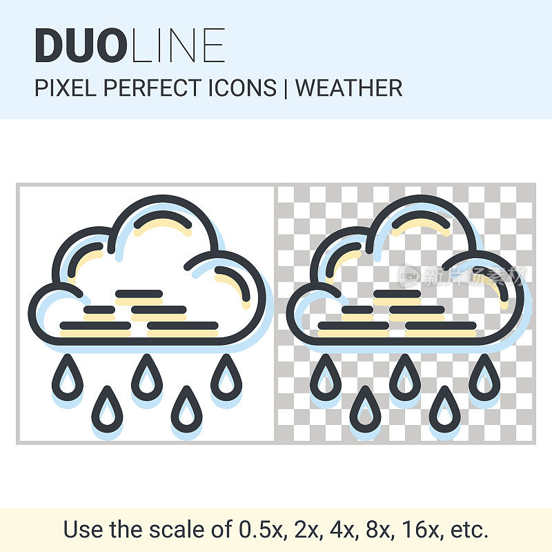像素完美的二重线大雨图标在白色和透明的背景响应web或产品设计。可以在天气预报应用程序或小部件中使用