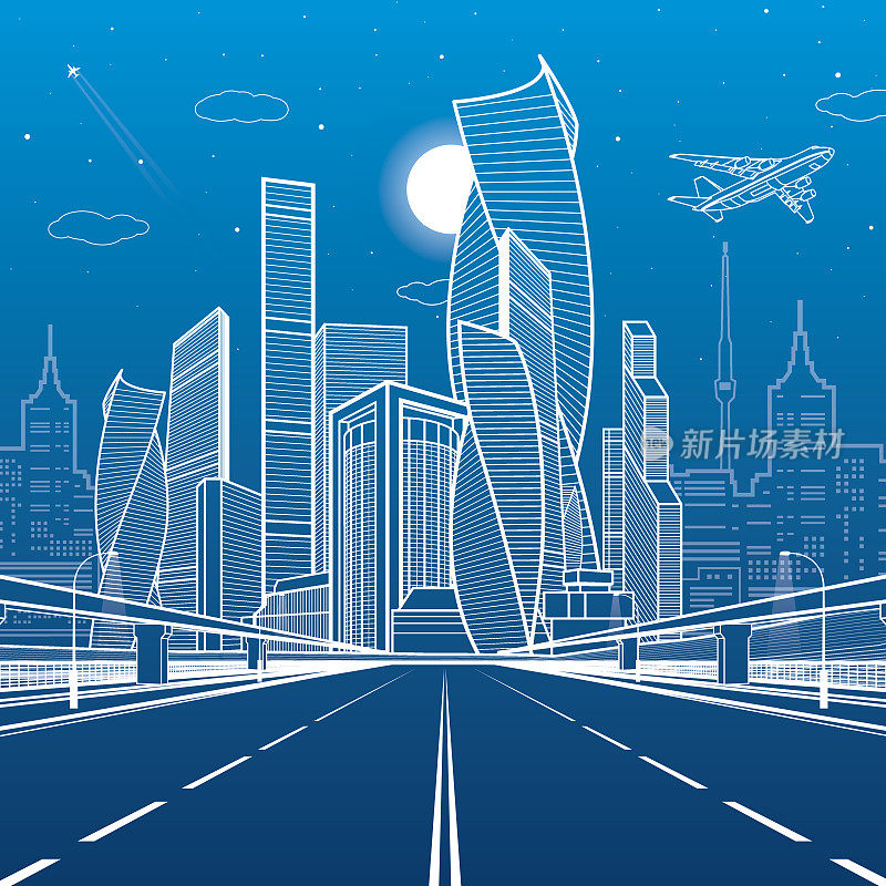 宽阔的公路。城市基础设施插图，未来城市背景，现代建筑。飞机飞行。蓝色背景上的白线，夜景，矢量设计艺术
