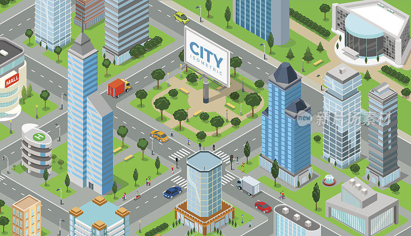 平面等距巨型城市块信息图与道路和十字路口矢量插图。三维等距现代城市建筑和建筑收藏。