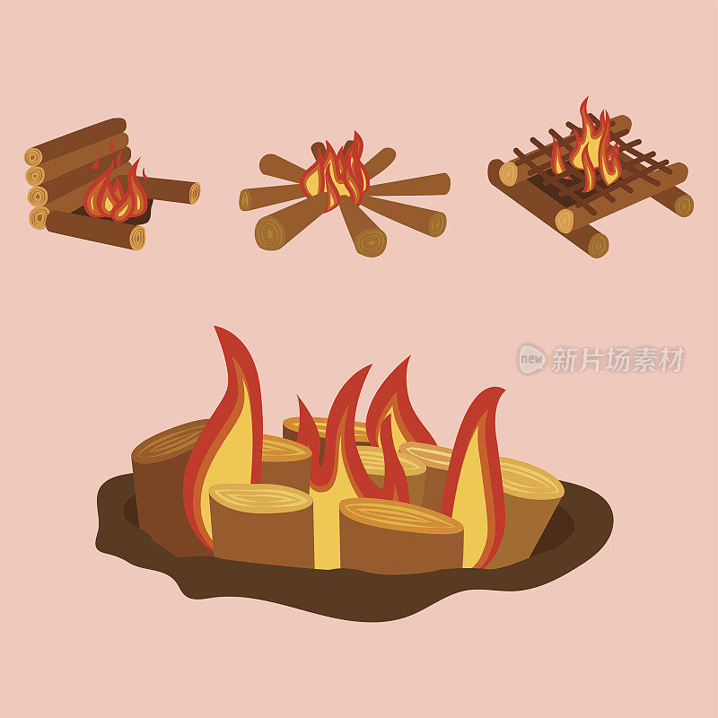 孤立插图的营火原木燃烧篝火和柴火堆栈向量
