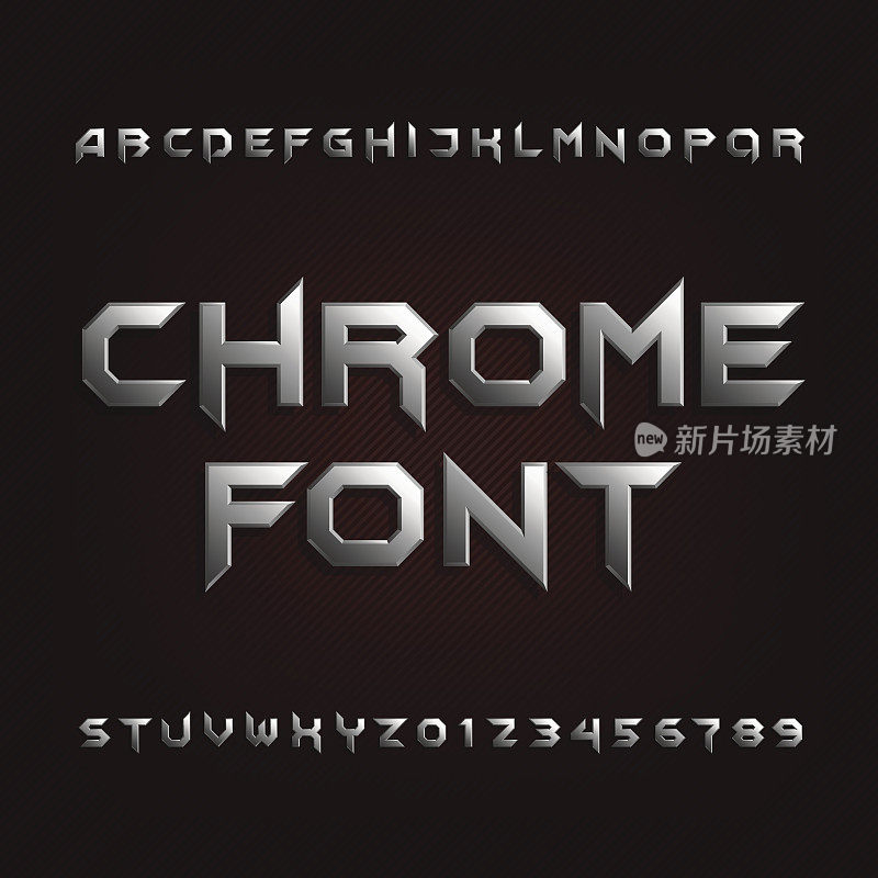 Chrome字母字体。金属效应字母和数字