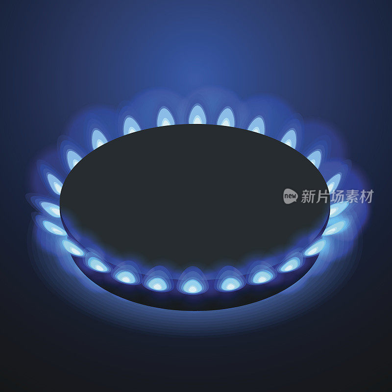 等距煤气炉或滚刀在黑色背景上。向量的蓝色火焰。