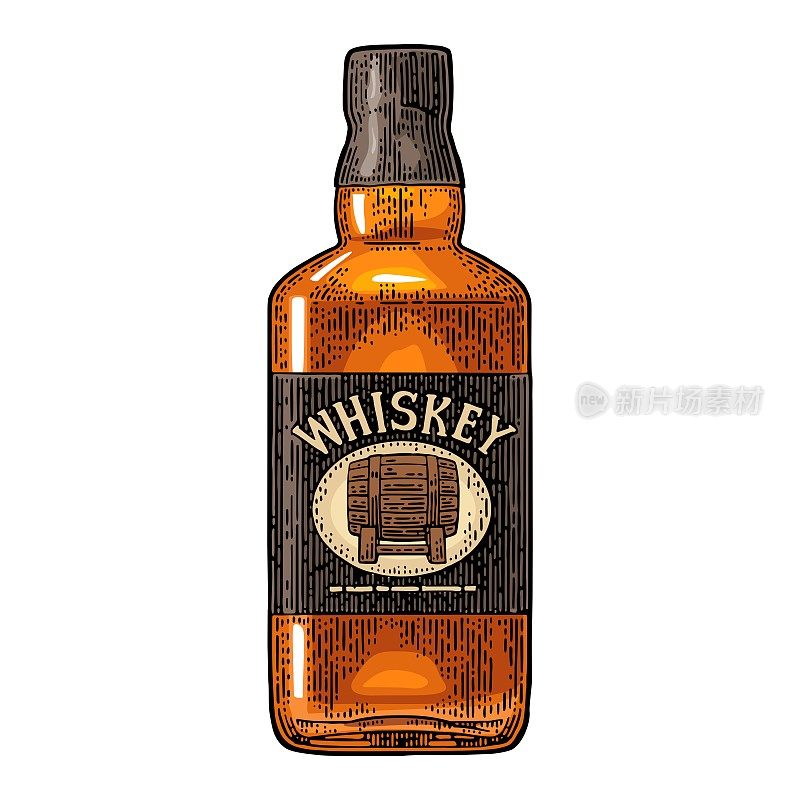 威士忌酒瓶标签与桶。