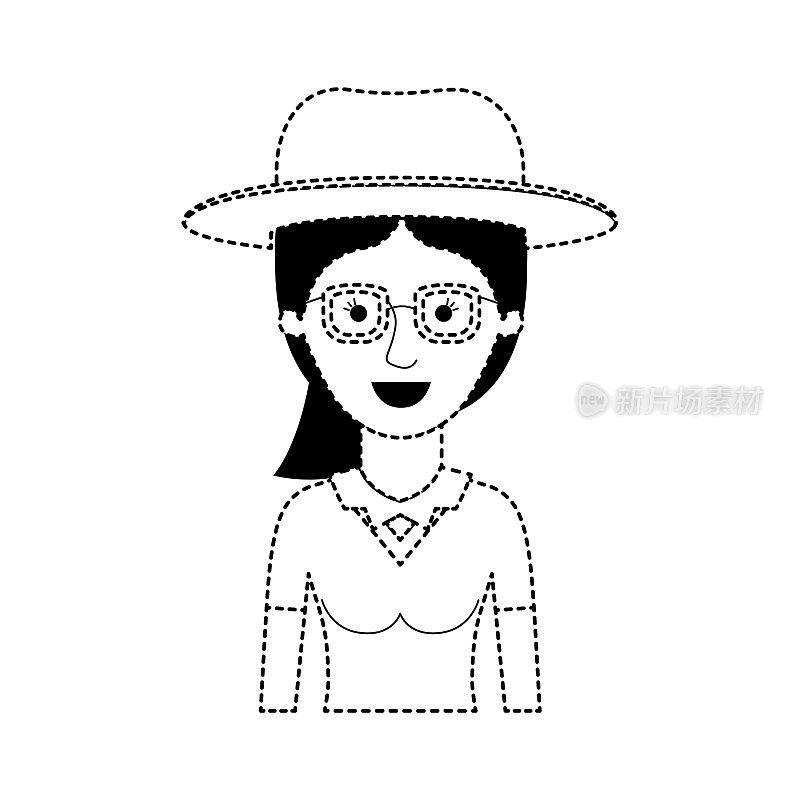 女人半身体与帽子和眼镜衬衫和马尾辫在黑色点轮廓