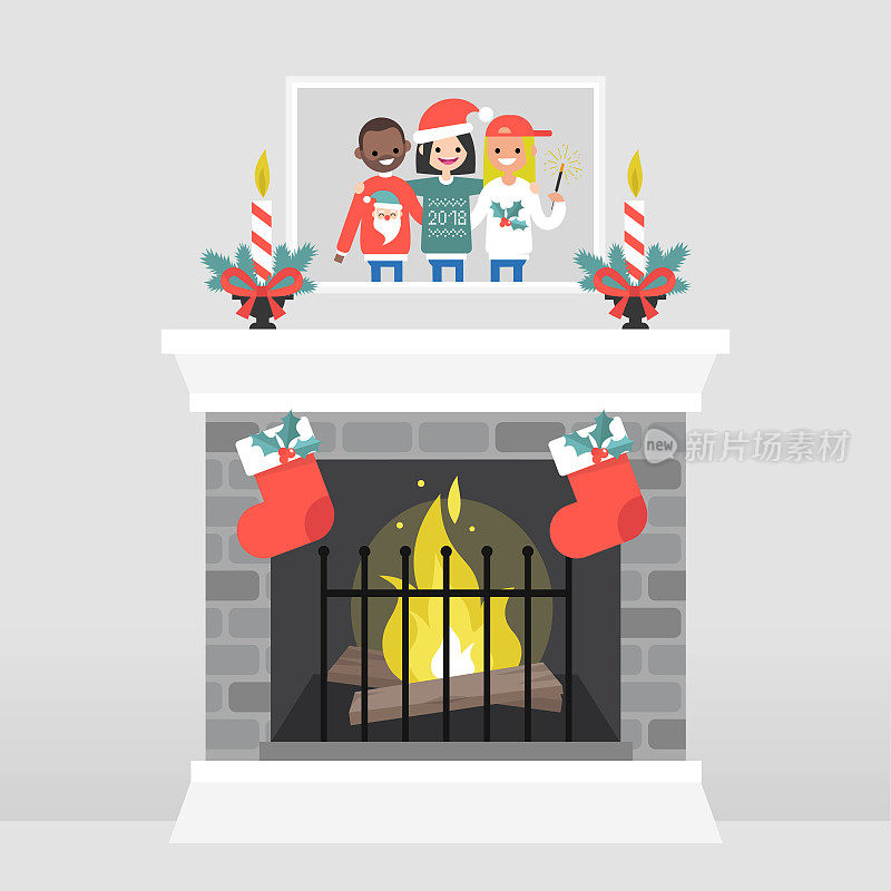 圣诞节的内部。装饰壁炉。蜡烛。家庭照片。冬季季节性装饰。平面矢量插图，剪辑艺术