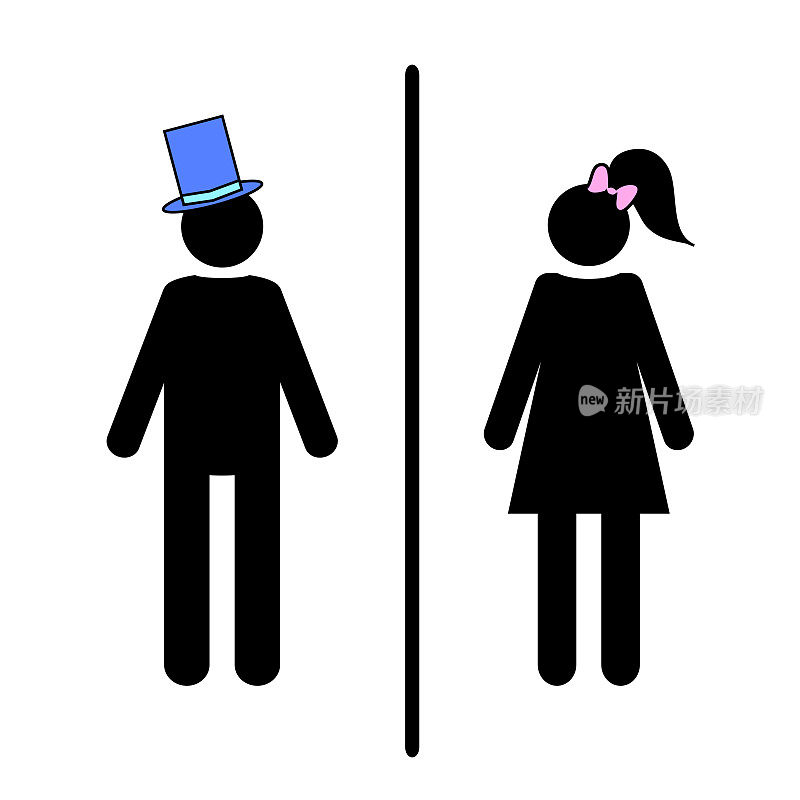 平面矢量:一个男人和一个女人在白色背景上的图标。孤立的厕所标志。黑色的数字。一位戴着蓝色帽子的绅士，一位戴着粉色蝴蝶结、头上戴着尾巴的女士。