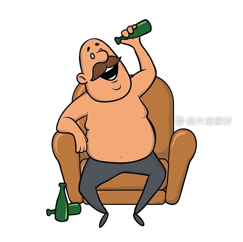 坐在椅子上喝啤酒的男人。矢量插图，孤立在白色上。