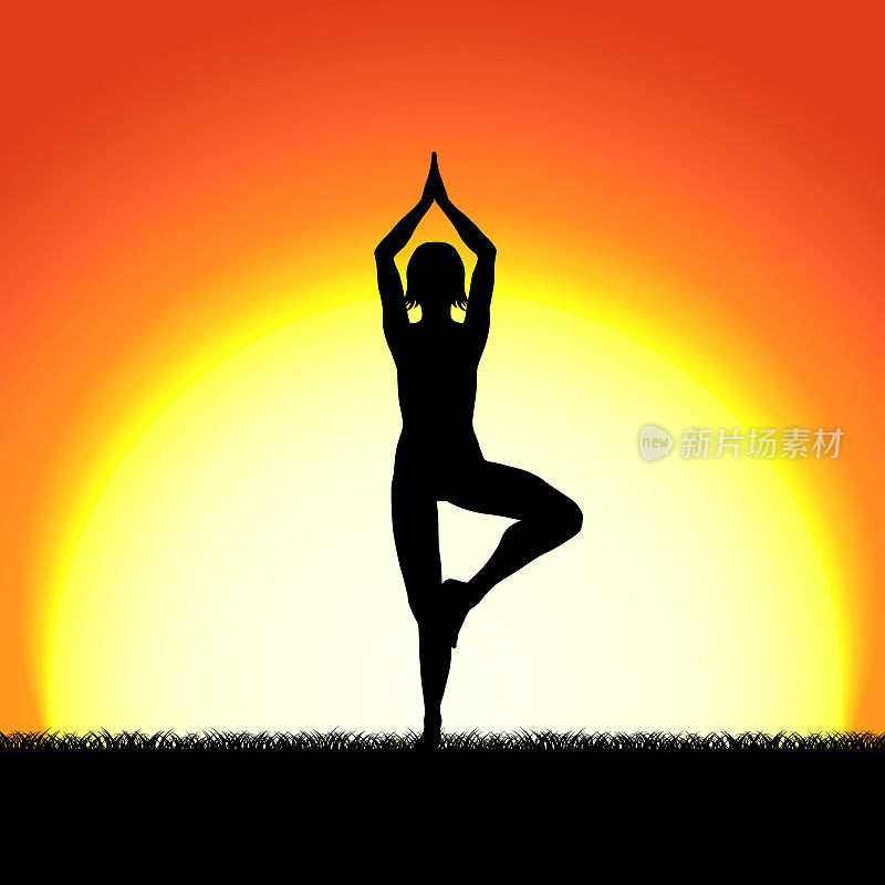 瑜伽vricshasana在日落背景上摆出黑色剪影。日出，黎明，女人在大自然中冥想。