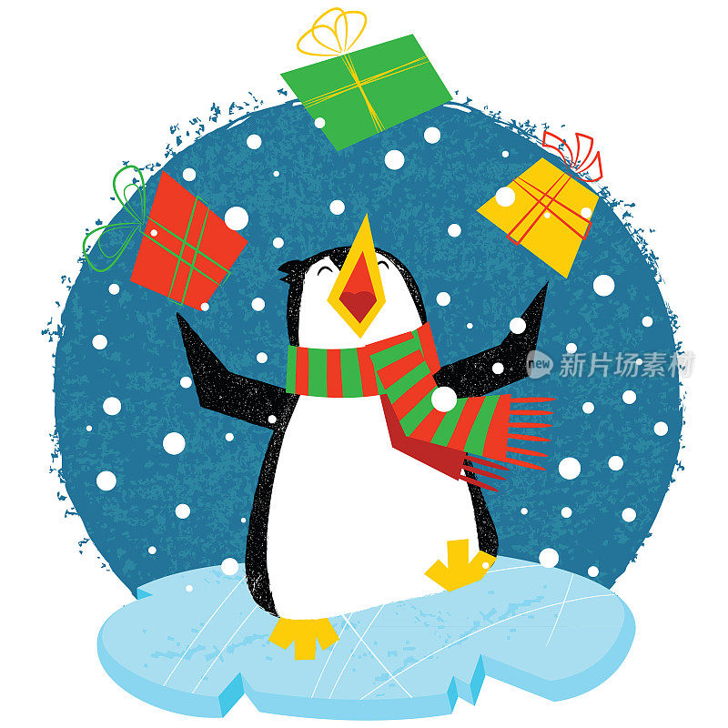 一只戴着鲜艳围巾的圣诞企鹅站在浮冰上摆弄着礼物