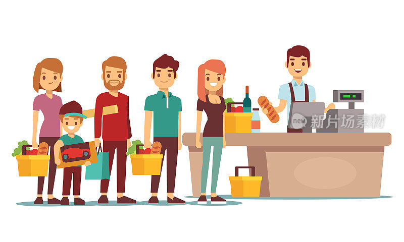 顾客和收银员在超市收银台排队。购物向量的概念