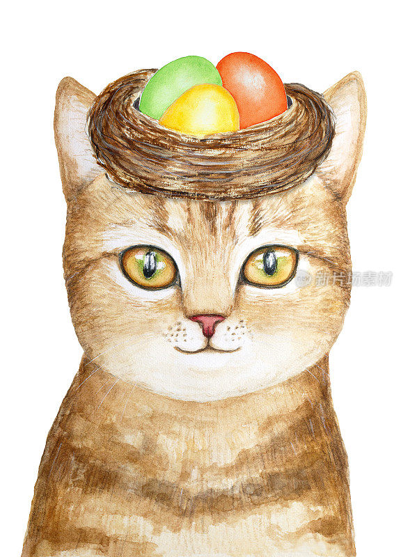 复活节虎斑猫画像，稻草窝，头上有彩色蛋，黄色，绿色和橙色。