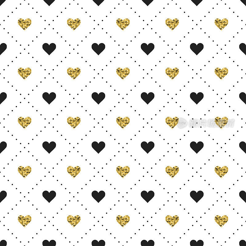 无缝模式与黑色和金色的心形状。情人节。矢量插图。背景。