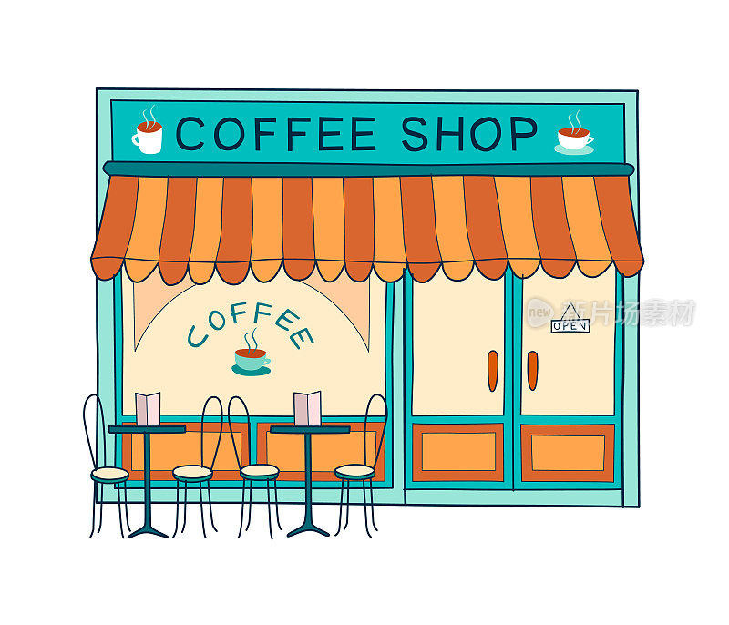 咖啡店立面手绘矢量图
