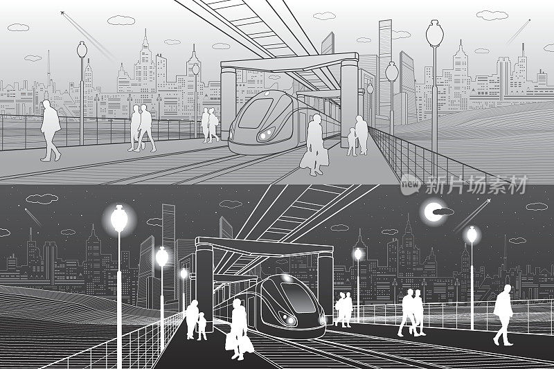 基础设施和交通全景。单轨铁路。人们在天桥下行走。火车移动。铁路平台。现代的夜晚的城市。塔和摩天大楼。白色和灰色的线条。矢量设计艺术