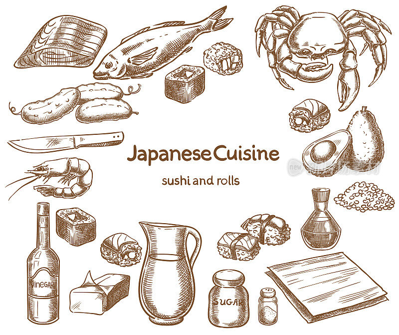 日本料理。寿司和卷的配料
