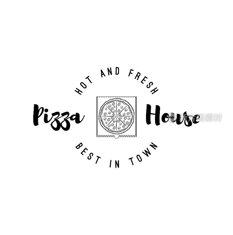 披萨盒子徽章。披萨的房子。意大利食品，披萨店的标签。矢量插图。