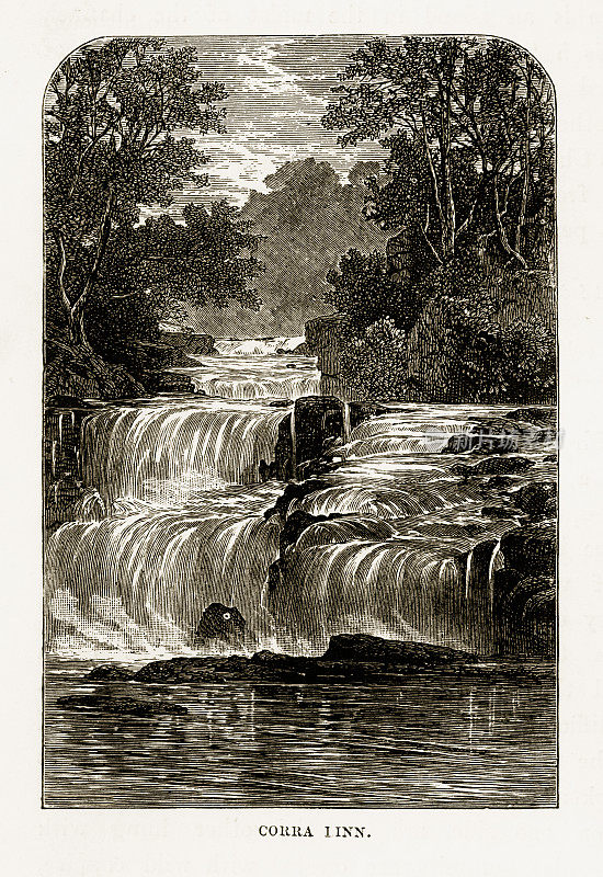 克莱德河上的科拉·林恩瀑布，维多利亚版画，大约1840年