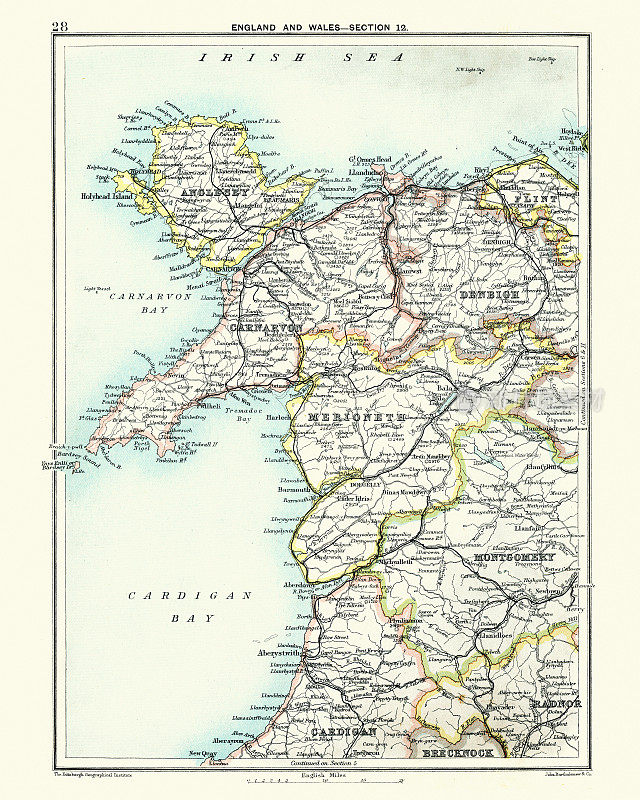 古董地图，北威尔士，安格尔西，卡那封，19世纪