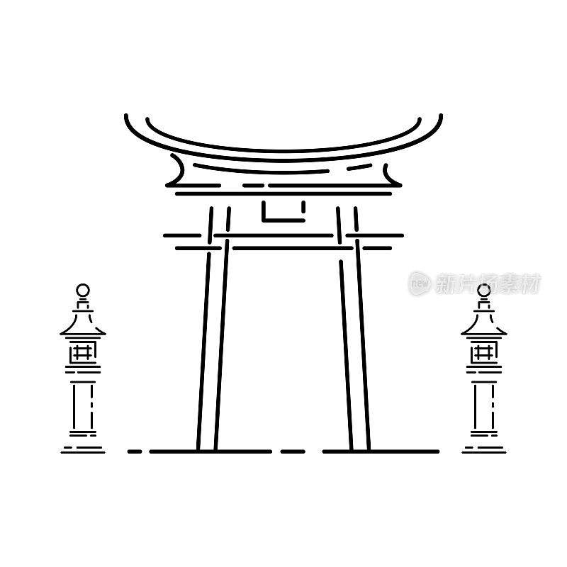 日本地标-寺庙，神社，城堡，宝塔，大门矢量插图简化旅游图标。中国、亚洲山水传统仪式灯笼。线素描。现实元素设计集。