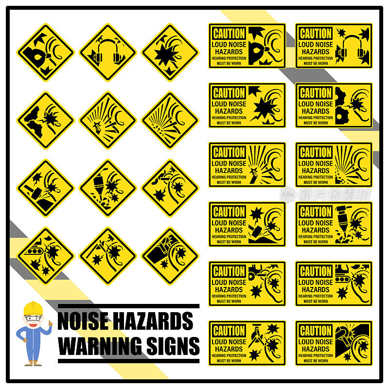 一套听力安全标志和标志，用于在嘈杂的工作环境中警告和提醒工人。大噪音危害警告标志。