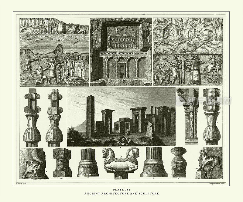 雕刻古董、古代建筑和雕刻雕刻古董插图，1851年出版