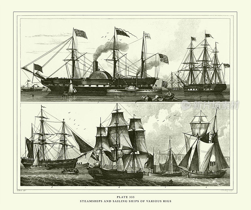 雕刻古董，蒸汽船和各种钻机帆船雕刻古董插图，出版1851年