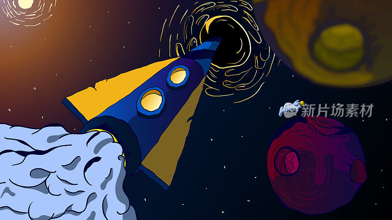 未来宇宙手绘插图-火箭在一个黑洞飞行。
