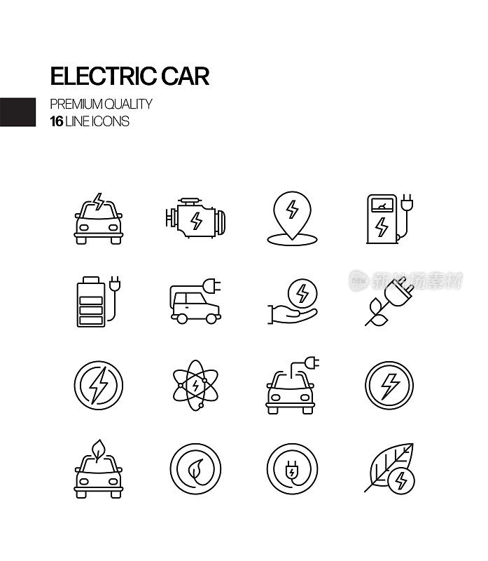 电动汽车相关的矢量线图标的简单设置。大纲符号集合