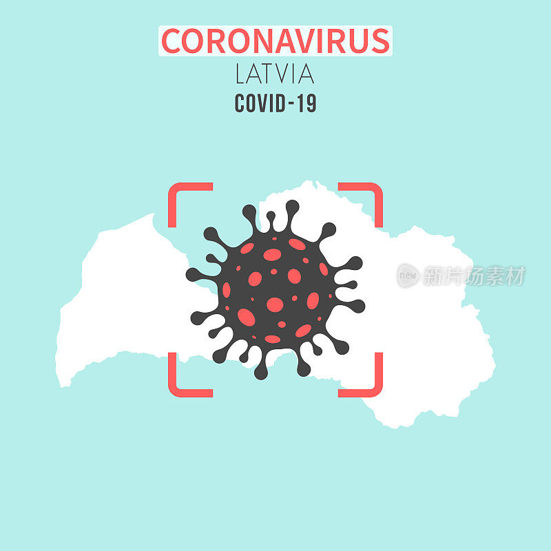 拉脱维亚地图，红色取景器显示冠状病毒(COVID-19)细胞