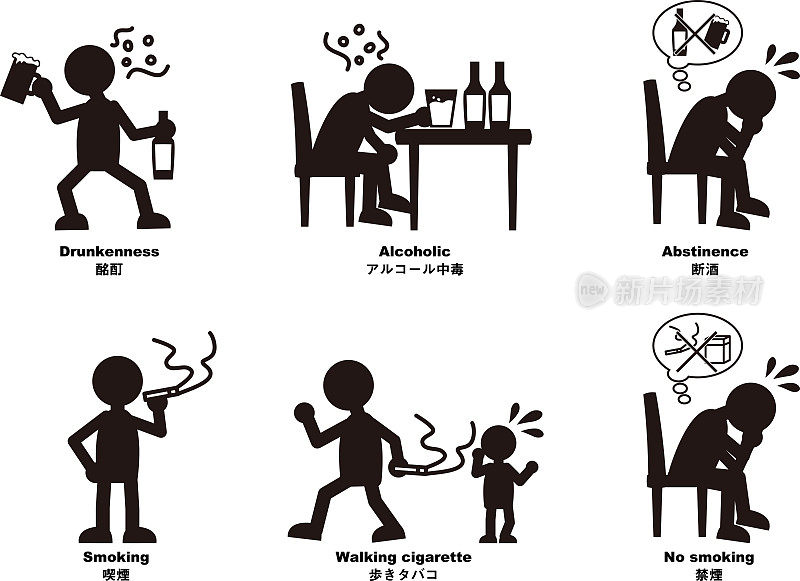 一组简单的卡通剪影，描绘了人们吸烟喝酒的坏习惯。