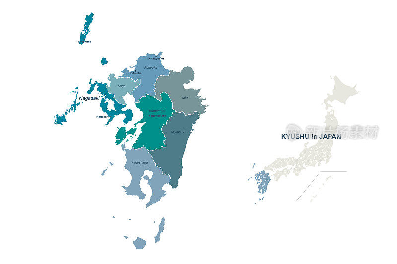 九州岛的地图。日本区域矢量地图。