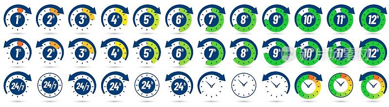 图标颜色小时。计时器从1到12小时，时间前和下一个标签拨带箭头。时钟，24小时，7和24小时可用的矢量图标设置