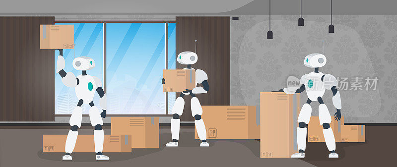 机器人在制造仓库工作。机器人搬运箱子和搬运货物。未来的交货、运输和货物装载概念。