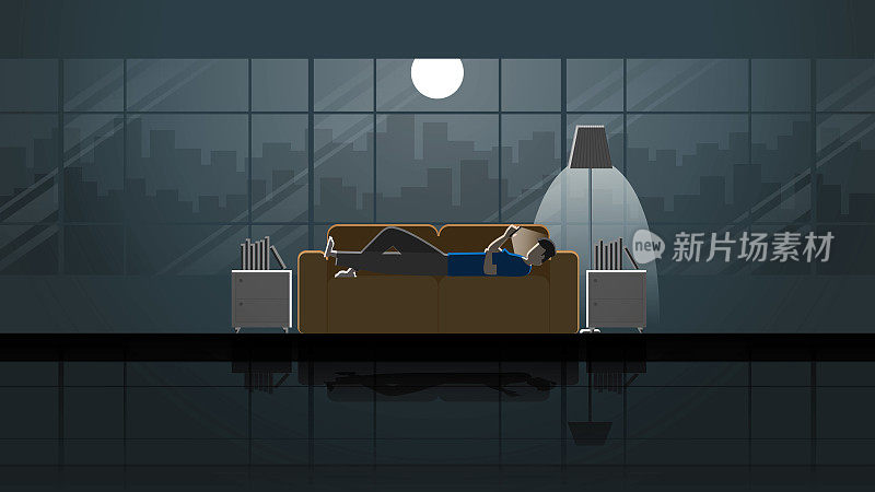 一个男人躺在沙发上，用智能手机呆在家里。独自在黑暗中，在满月和灯光下。孤独的人，城市的生活方式，放松的工作后。概念插图矢量概念场景。