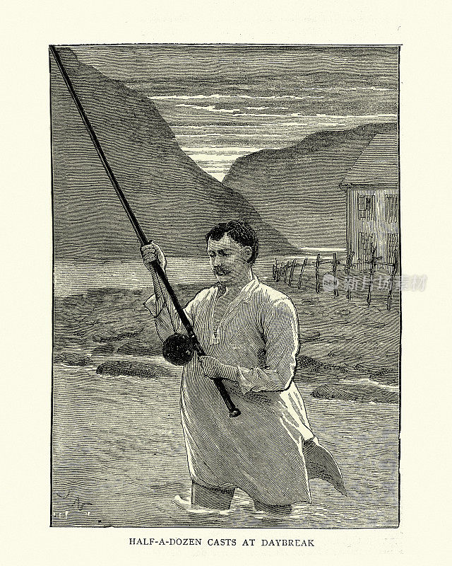 黎明时分，穿着睡衣钓鱼的男子，维多利亚19世纪