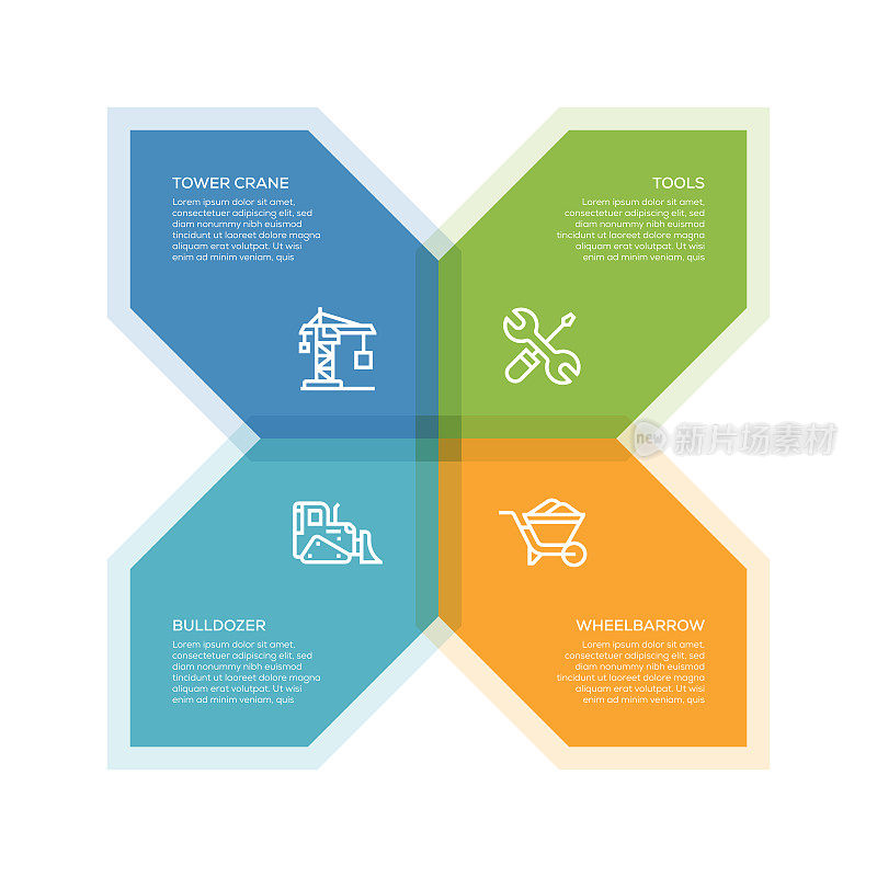 信息图设计模板。塔吊，工具，手推车，推土机图标与4个选项或步骤。