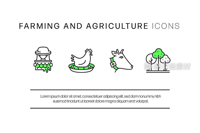 农业和农业相关的线图标，轮廓向量符号插图。