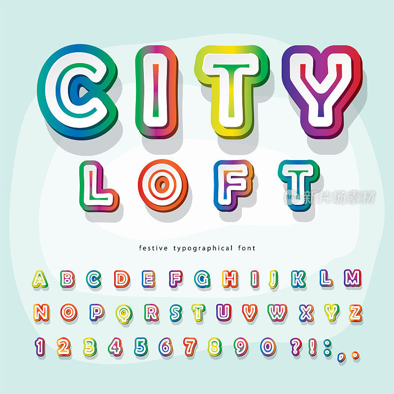 现代城市字体。全息三维字母。时髦的霓虹字母和数字。用于横幅，宣传册，海报，传单设计。向量。