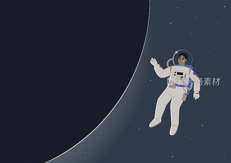 一个年轻的黑人男宇航员穿着太空服漂浮在一个黑暗星球旁边的开阔空间里，这是科幻小说的主题