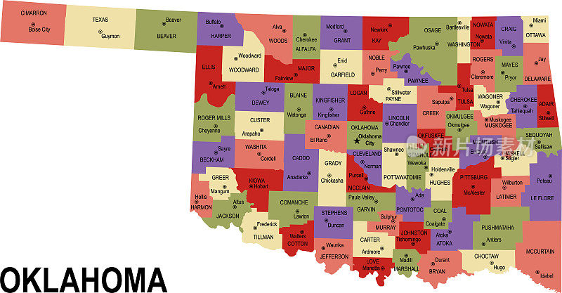 彩色平面地图的州俄克拉何马州与县美国