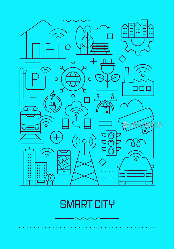 智能城市相关的现代线条设计手册，海报，传单，演示模板矢量插图