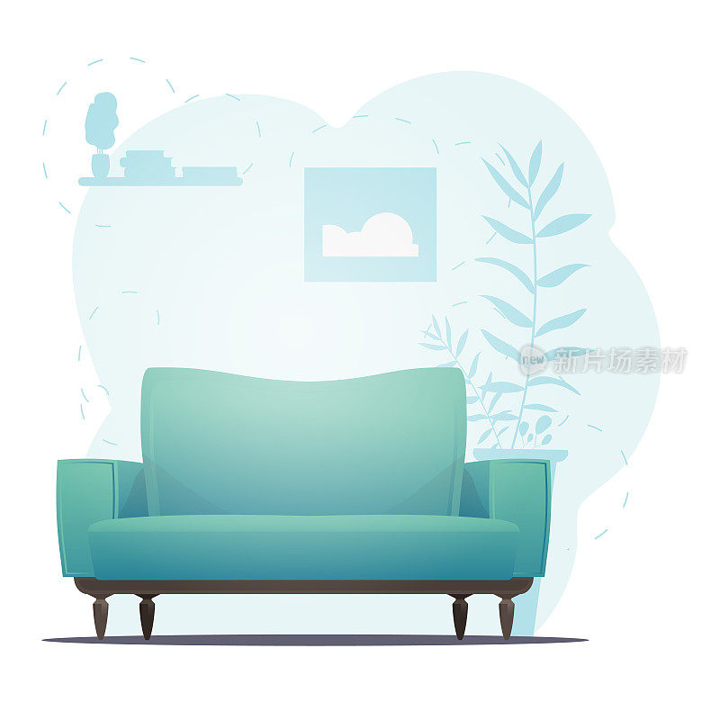 空沙发和室内植物。为你的角色留出空间的背景。卡通风格。