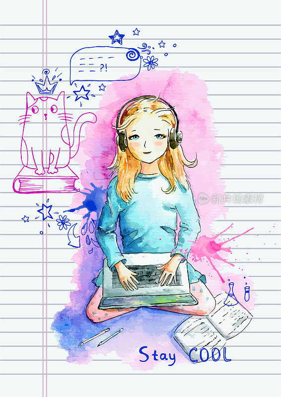 女学生用笔记本电脑远程学习和听音乐